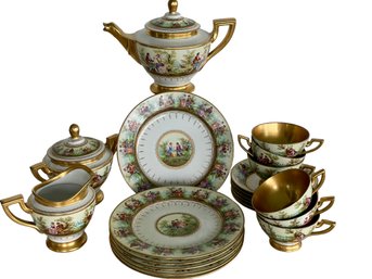 Antique 21 Piece Austrian Porcelain & Gold Trim Luncheon Set, Marked MACY, Viena