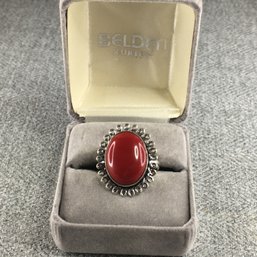Quite Elegant Sterling Silver / 925 Cocktail Ring With Highly Polished Red Coral - Very Pretty Ring !