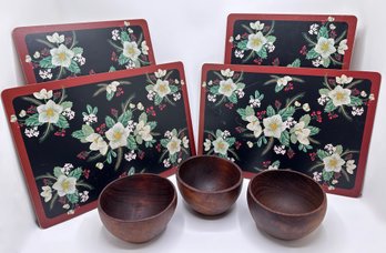 3 Vintage Wood Bowls  & Set 4 Placemats