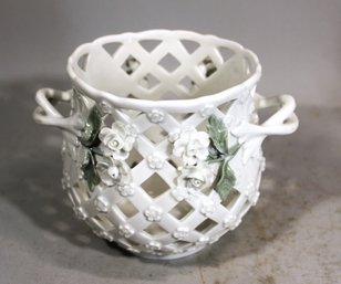 Very Fine Carl Thieme Dresden Latticed Cashe Pot With Applied Flowers