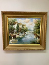 Beautiful Oil Painting Signed Lawernce Boats On Waterway Gold Frame