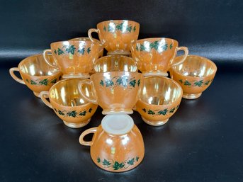 A Set Of Ten Vintage Peach Lusterware Punch Cups By Anchor Hocking, Ivy Pattern