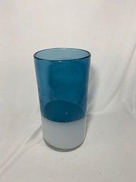 Vintage 2-Tone Blue And White Cylindrical Blown Glass Vase