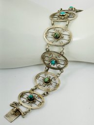 VINTAGE MEXICAN STERLING SILVER AND TURQUOISE OVAL LINK BRACELET