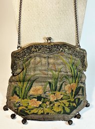 Antique Aubusson Embroidered French Purse Having Lilies Cherubs On .800 Silver Frame