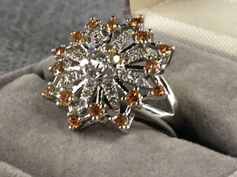 Gorgeous 925 / Sterling Silver Sunburst Ring With White & Orange Topaz - Sparkling Beauty ! - Brand New !