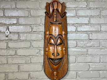 Fantastic 28' African Mask Of Hand Carved Wood With Inlay