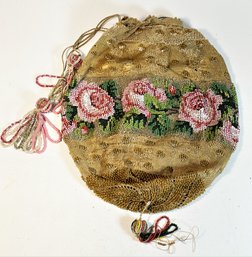 Early Victorian Draw String Purse Has Wear With Tassel  Roses 1850s