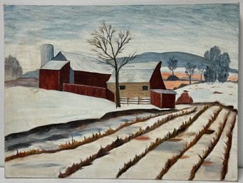 Vintage Mid Century Oil On Board - PA Barn Snow Scene - Lancaster Farm In Winter - Miriam S Jenkins - 12 X 16