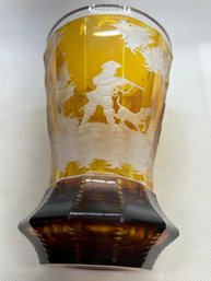 Stunning Antique Mid 19th Century Austrian Bohemian Amber Cut To Clear Mug- Hunter With Dog Chasing Deer