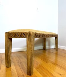 Hand Carved Acacia Bench With Burlap Seat Cushion And Black Nailhead Detail