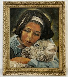 A Vintage Oil On Canvas Portrait With Sheep, Signed Ellie '74