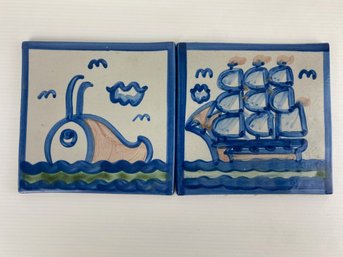 M. A. Hadley Pottery Trivet/Tile, Schooner Ship & Whale, Sgd. (2)