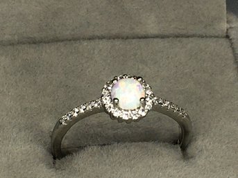 Lovely Brand New 925 / Sterling Silver Ring With Opal - Encircled And Channel Set White Zircons - Very Nice !