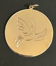 14K Yellow Gold Engraved Peace Dove Disc Charm Acid Tested Marked 1.5' Diameter 11 Gram Weight