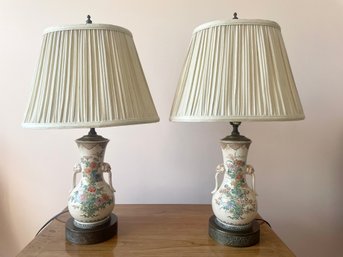 Pair Of Antique Green & Pink Floral Asian Vases Converted To Lamps