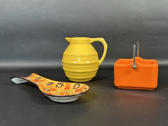 Colorful Ceramic Kitchen Items: Creamer, Sugar Caddy & Spoon Rest