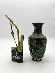 (Lot Of 2) Vintage Chinese Cloisonne Opium Pipe And Vase