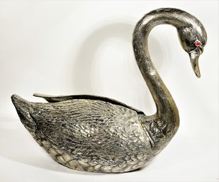 Large Alpaca Silver Plate Figural Flower Frog In The Form Of A Swan Jeweled Eyes