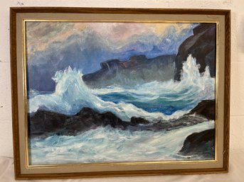 Original Oil Painting On Canvas Stormy Sea Unsigned In Wood Frame