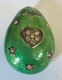 VINTAGE SIGNED CAROLEE GREEN ENAMEL RHINESTONE EGG BROOCH