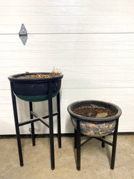 Pair - Ceramic Planters In Metal Stands