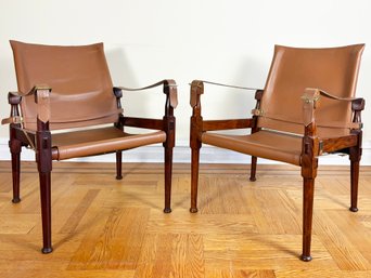 A Pair Of High Quality Vintage Mahogany And Leather Safari Chairs