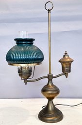 An Antique Brass And Glass Oil Lamp - Wired For Electricity