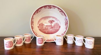 1936 Wedgwood Etruria England- Harvard University Tercentenary Punch Bowl & Cups- Boylston & Holworthy Halls