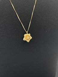 Beautiful Rose & Diamond Pendant In 14k Yellow Gold Necklace