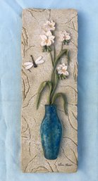 Cheri Blum Textured Tile Floral Dragonfly Relief Artwork Designer Art Wall Hanging