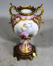 Antique Sevres Dore Bronze Vase In Pink Having Figure, Artist Signed