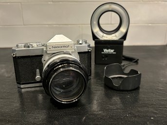Nikkormat 35 MM SLR With 85MM F 1.8 Lens And Vivtar Microflash 5000
