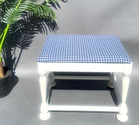 Vintage Shabby Chic Paint Decorated Stool/foot Rest W/ Blue & White Checkhoundstooth Style Upholstered Top