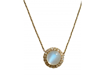 Beautiful 14K Yellow Gold 18' Necklace With Moonstone & Diamond Pendant Acid And Diamond Tested