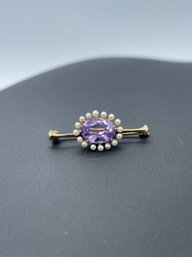 Antique Victorian Amethyst & Seed Pearl 14k Yellow Gold Brooch/ Pin