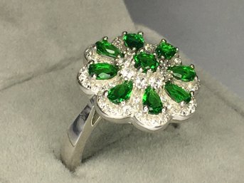 Fabulous Brand New 925 / Sterling Silver Flower Ring With Emeralds And Sparkling White Sapphires - New !