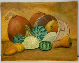 Vintage 1963 Oil On Board - Fall Still Life - Miriam S Jenkins - Autumn - Gourds & Pumpkins - 14 X 18 Inches