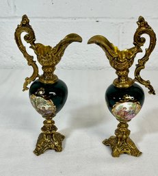 Two Petite Vintage Victorian Ewers Hand Painted Glass And Brass - Fragonard