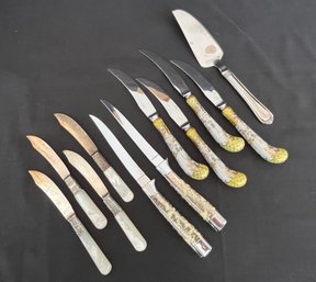 Quality 11 Piece Assorted Knives - Antique Fruit Knives With Pearl Handles, Steak Knives, Painted Detailing