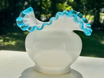 Vintage Fenton Aqua Crest Ruffled Squat Vase