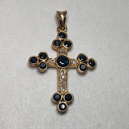 Wonderful All 14K Yellow Gold - Diamond & Sapphire Cross - Made In Italy - 1-1/2' - 1.4 DWT - 2.8 GRAMS