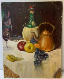 Vintage Oil On Board - Still Life - Wine Glass Bottle - Fruit - Tea Kettle - Miriam S Jenkins - 14 X 18 Inches