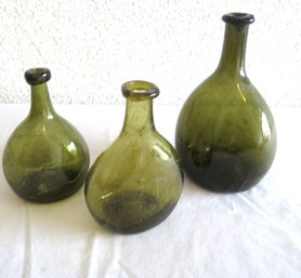 Lot Of 3 Antique Hand Blown Dark Green Onion Rum Demijohn Bottles
