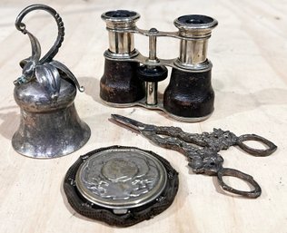 Antique French Opera Glasses, And Other Vanity Top Accoutrements In Silver Plated Brass And More