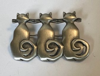 SIGNED JJ SILVER TONE DECO STYLE CATS BROOCH