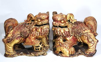 Pair Early Hand Carved Antique Chinese Foo Dog Statues In Gold Leaf