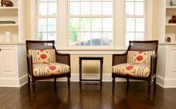 Antique Late Regency Cane Arm Bergere Chairs With Custom Upholstered Floral Maize Cushions