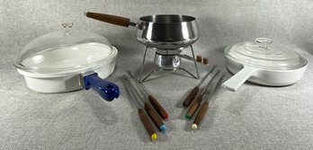 Vintage Cookware - Fondue Pot Set, CorningWare Range Topper, Princess House Nouveau Pan