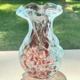 Vintage Blue & Burgundy Platter Art Glass Vase